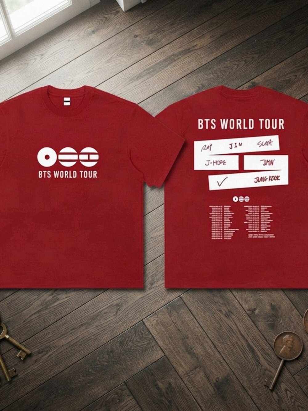 BTS World Tour Red Graphic T-Shirt Kpop Front Back Concert Style Tee